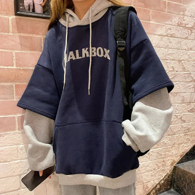 Fashion Vintage Harajuku Pullover Streetwear Fake Two Pieces Hoody