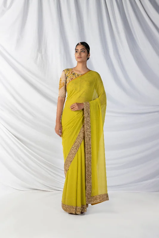 Niloufer Saree And Blouse Set In Chartreuse Green And Dull Gold