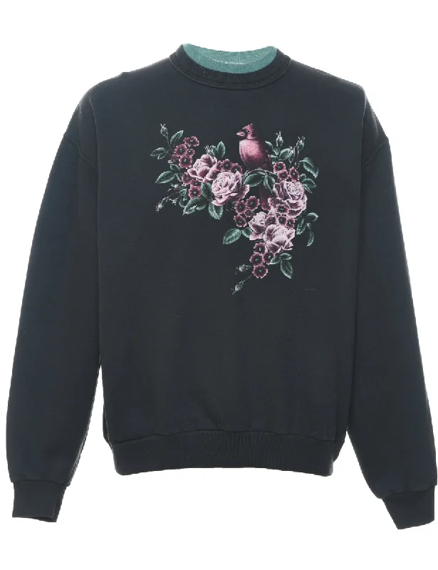 Floral Black 1990s Sweatshirt - L