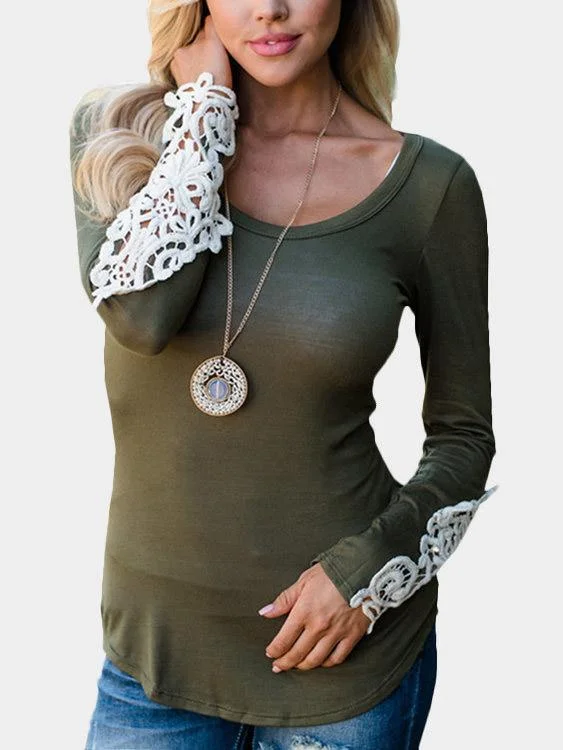 OEM ODM Scoop Neck Lace Long Sleeve Green T-Shirts