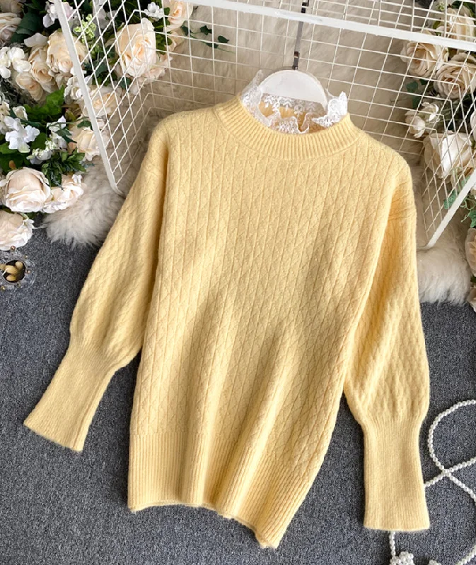 Cute round neck lace long sleeve sweater  068